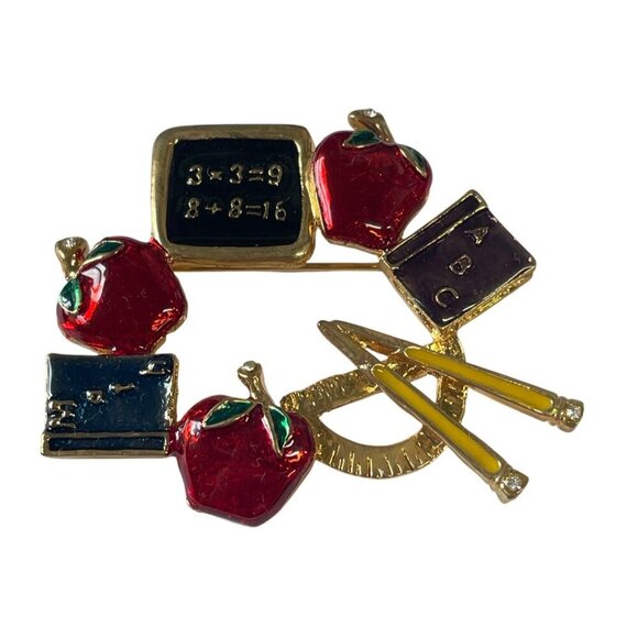 School-Themed Gold-Tone Enamel Brooch Red Apples Books Supplies Design Teacher - Picture 1 of 2